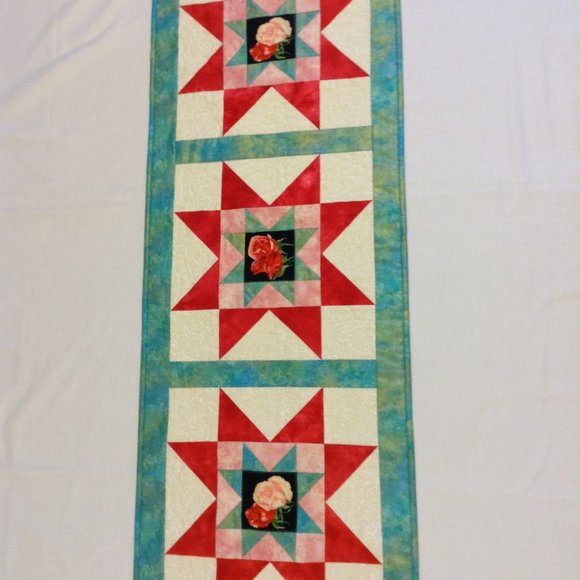 Quilted Star Pattern Handmade Table Runner 42 1/2" x 15 3/4" Rectangle Table Top - Picture 2 of 13